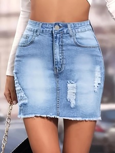 Jupe courte en jean taille haute européenne et américaine pour femmes, jupe mi-longue élastique et amincissante pour femmes - Product Image 2