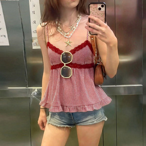 Wholesale Women Y2K Red Plaid Lace <b>Patchwork</b> A-Line Camisole Sweet Style Ladies Tank <b>Top</b> - Product Image 5