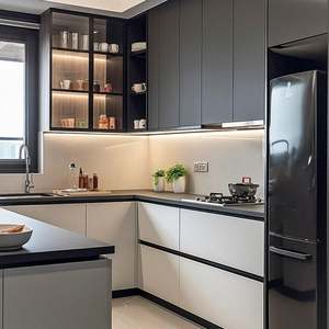 Panneaux en placage de bois Happy Houses, finition brillante, pour portes de placards de cuisine en PVC MDF, dalles, ensemble de cuisine classique moderne mini complet - Product Image 1