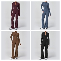 Combinaison de yoga à manches longues à fermeture éclair douce et nude pour femmes, pantalon évasé, combinaison de sport à impact élevé, body, playsuit
