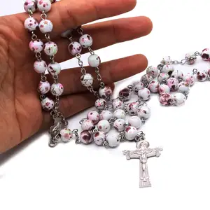 Customized Cross Rosary Necklace Christian Religious Pink Spot Beads Catholic Rosaries