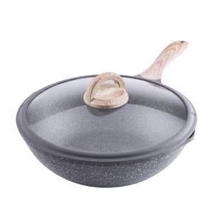 Wok à fond plat à induction JEETEE, revêtement antiadhésif, wok en aluminium, pierre marbrée, poignée en bakélite effet bois, OEM 1000 pièces - Product Image 3