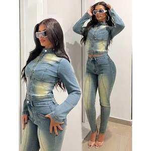 Ensemble en jean personnalisé 2026 pour femme : veste courte à manches longues et jean stretch, tenue streetwear Y2K respirante avec boutons sur le devant - Product Image 1