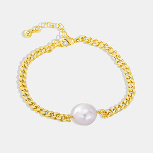 Bracelet unisexe OEM tendance avec breloque cubaine géométrique, perle baroque, laiton plaqué or 18 carats PVD, minimaliste, pour anniversaire - Product Image 2