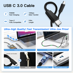 UNIEAN Cable USB C de PVC de 0.6M al por Mayor, USB 3.0 10Gbps 3A PD 60W, Cable de Carga Rápida Tipo C para Android a <span class=keywords><strong>iPhone</strong></span> - Product Image 2