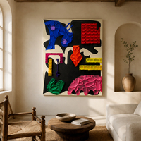 Peinture à l'huile abstraite géométrique colorée peinte à la main, texture épaisse, couteau à palette, style moderne et contemporain, décoration pour la maison et l'hôtel