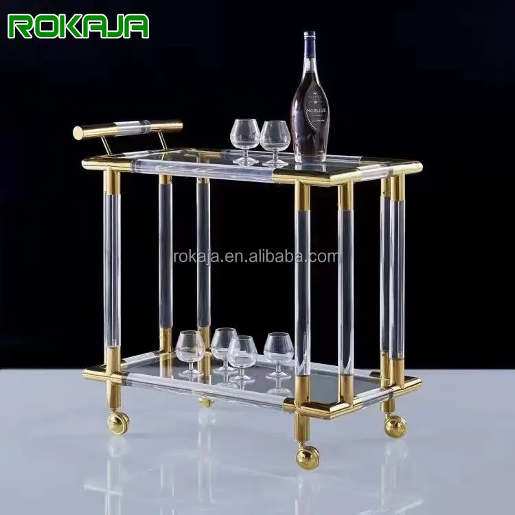 Custom Transparent Acrylic Serving Trolley Gold Stainless Steel Hotel Wedding Trolley Bar Moving Cart Dining Room Trolley
