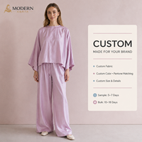 Ensemble coordonné modeste : Tunique chauve-souris en satin et pantalon large à cordon de serrage, couleur lavande – Fabrication OEM/ODM sur mesure