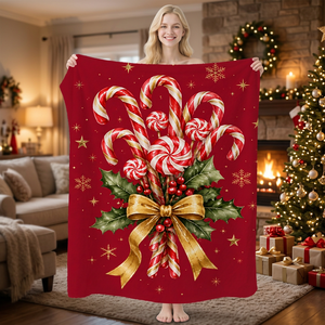 Couverture imprimée en forme de canne à sucre de Noël, rouge, rectangulaire, en tissu polaire flanelle, décoration de maison, style classique d'hiver - Product Image 1