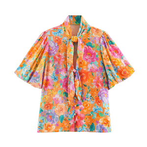 Camisa de Playa Personalizada 2026 para Mujer, Manga Corta, con Lazo, Blusa de Resort, OEM/ODM por Fábrica China, Top Casual Estampado Vintage - Product Image 1