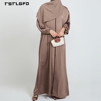 Robe Abaya Longue en Soie Effet Côtelé Verticale Rose Poudré à Manches Longues et Col Montant, Modeste, Respirante, pour Femme Musulmane, Printemps