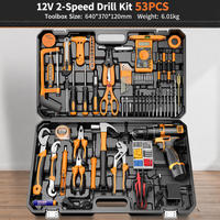 Kit de perceuse 12V à 2 vitesses, 53 pièces, kit combiné d'outils électriques, mandrin métallique 0,8-10 mm, 35 modes de couple, perceuse à percussion 3 modes, batterie lithium-ion