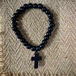 Ensemble de perles de baptême naturelles, bracelet vintage, croix, sac en maille blanche, cadeau de communion sainte, perles en bois, petit chapelet - Product Image 4