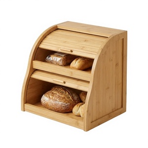 Boîte à <span class=keywords><strong>pain</strong></span> en bambou à double ouverture, côtés incurvés, deux niveaux, portes tambour, grande armoire de rangement alimentaire pour comptoir, Pro, Nouveau - Product Image 1
