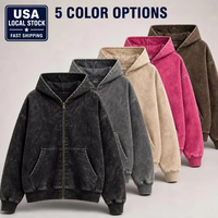 Sudadera con capucha vintage con cremallera completa, lavado ácido, 350 g/m², peso pesado, logotipo personalizado, envío rápido, 5 colores, OEM, stock al por mayor en almacén de EE. UU.
