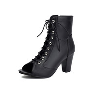Bottines noires à bout ouvert pour femmes, à lacets, à talon carré épais, style danse