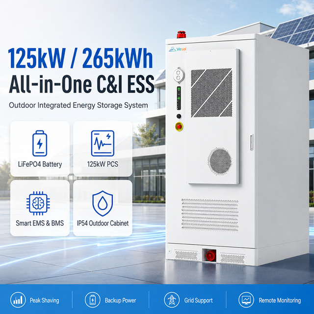 125kW 265kWh LiFePO4 Commercial Industrial Energy Storage System All-in-One Outdoor Battery Cabinet with PCS EMS for Factory ESS
