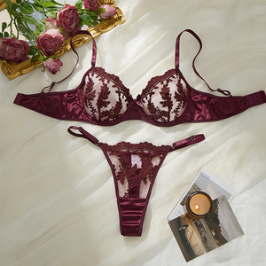 Wholesale Women's Floral Embroidery Sheer Mesh Bra and Thong <b>Set</b> 2 Piece Underwire Lace Lingerie <b>Set</b> Breathable <b>Sexy</b> Bra <b>Set</b> - Product Image 2