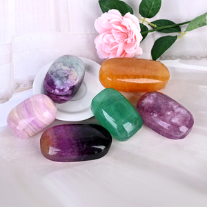 High Quality <b>Crystal</b> Palm Stone Natural Healing rainbow Fluorite Soap Tumbled Polished Candy Fluorite Big Tumble for Decoration - Product Image 6