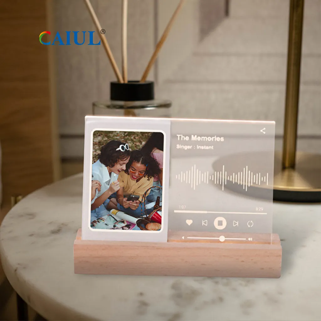 Music Player Estilo Madeira Acrílico 3 polegadas Photo Frame com luz led Picture frame Display photo stand titular instax mini frame