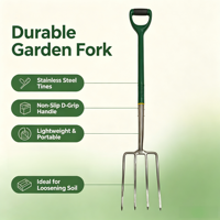 Bêche de jardin en acier robuste de qualité industrielle avec manche en plastique, 4 dents, poignée en D pour le déchaumage, le creusement et la plantation en extérieur