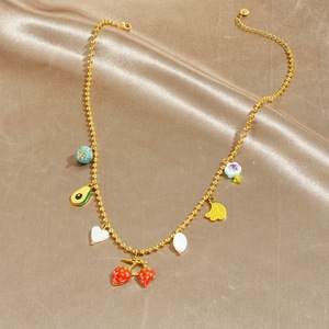 Fruit Pendant Necklace Zinc Alloy Strawberry Banana Avocado Charm Jewelry Gift Fashion Beaded Chain - Product Image 3