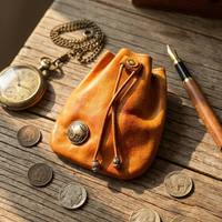 Porte-monnaie unisexe en cuir Crazy Horse vintage sur mesure, pochette de rangement moderne en cuir véritable cousue à la main avec cordon de serrage, petit portefeuille