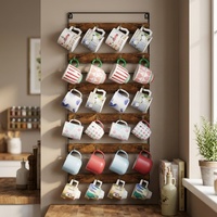 Bois rustique Huxitocan &amp;   Support mural réglable en fer à cinq niveaux pour 24 tasses (lot de 3) – Installation facile
