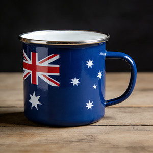 Tazza da Caffè in Smalto con Stampa Bandiera Australiana, Colore Blu, Logo Personalizzato, Bordo in Acciaio Inox, Regalo Promozionale - Product Image 1