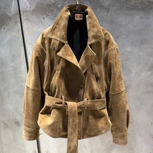 Veste en daim élégante, veste en cuir de mouton véritable, gris clair, vestes en daim pour femmes - Product Image 3