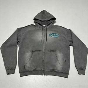 Sweat à capuche zippé pour homme, déchiré et vieilli, imprimé en relief délavé à l'acide, fil métallique, en molleton français 500G 100% coton - Product Image 3