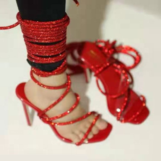 Женские босоножки на высоком каблуке 12 см Anmairon, туфли на каблуке-шпильке с квадратным носком и цепочкой со стразами, на шнуровке, 2021