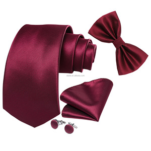 Ensemble de 4 cravates, uni, bordeaux, rose saumon, cravate de 6 cm, nœud papillon, mouchoir, boutons de manchette, polyester, costume homme, mariage, fête, accessoire cravate - Product Image 1
