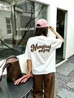 T-shirt oversize noir pour femme avec motif de fille de dessin animé et lettres, manches courtes, style streetwear