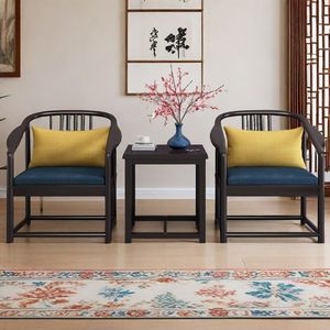 Chinese Style Solid Wood Armchair Set 3 Pieces Living Room <b>Study</b> Chair With Blue Cushion And Yellow Pillow - Product Image 1