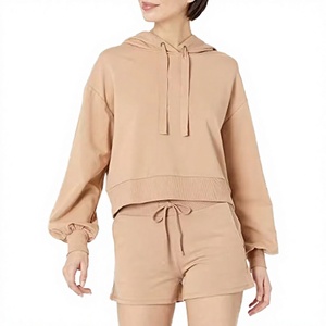 Sudadera con Capucha Corta Casual de Manga Larga para Mujer, Tallas Grandes, Color Marrón Liso con Logo Frontal, Antienvejecimiento, Más Vendida - Product Image 4