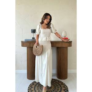 ชุดเซ็ตผ้าลินินสีเบจ Gipeli สำหรับผู้หญิง แขนสั้น สไตล์ Prairie Chic ระบายอากาศได้ดี ชุดเดรสสองชิ้น ขายส่ง - Product Image 4