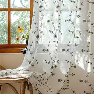 Rideaux en voile semi-transparent de style ferme élégant <span class=keywords><strong>vert</strong></span> <span class=keywords><strong>sauge</strong></span> blanc brodé de feuilles pour fenêtres de salon et de chambre à coucher - Product Image 1