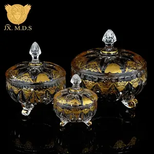 Tarro de caramelo de cristal decorativo de lujo Calcomanía dorada Frasco de Cady de vidrio redondo con tapa de cúpula