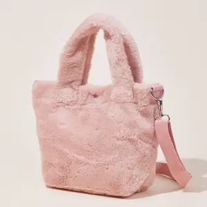 Bolso de mano de piel de conejo rosa, Mini bolsa de compras, venta directa de fábrica, para Otoño e Invierno