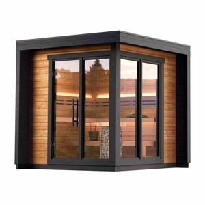 Nueva Sauna Exterior Cuadrada de Madera Maciza de Abeto Canadiense para 4 Personas, Ventanas Grandes de Vidrio, Bancos Dobles, Estufa Harvia, Entrega Rápida - Product Image 1