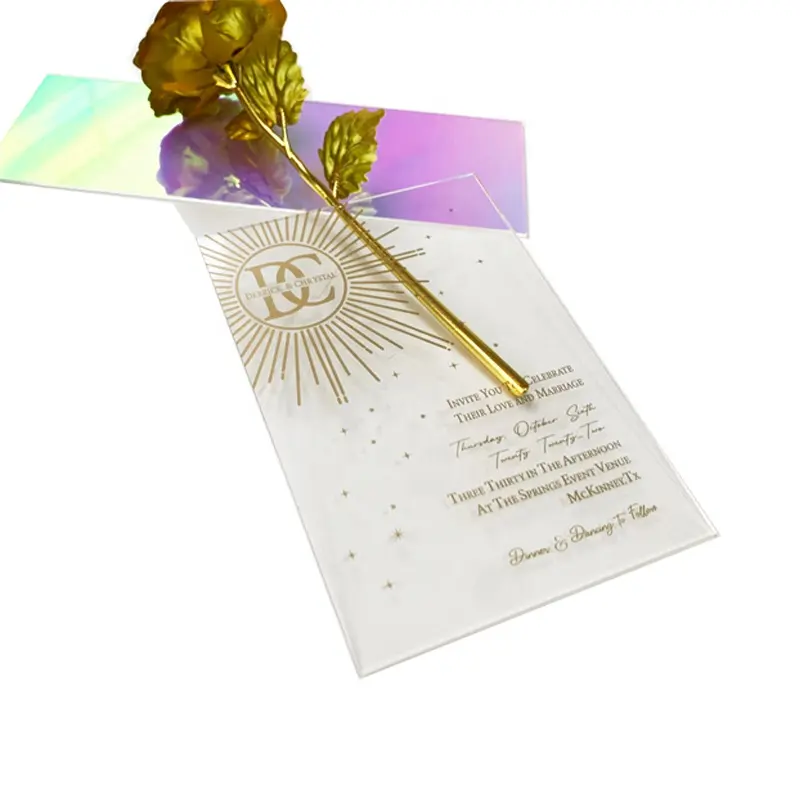 Tarjeta de invitación de boda de acrílico, alta transparente, estampado dorado, transparente