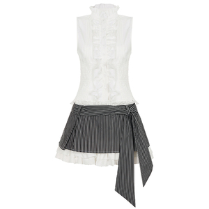 Ruffle Trim Pure & Sexy Waist Slimming Top Contrast Color Block Striped Skirt Two-Piece <b>Set</b> - Product Image 6