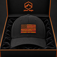 Casquette de baseball noire personnalisée avec patch étoiles et rayures orange, visière incurvée, ajustable, boîte cadeau, sac à cordon, vente en gros, OEM, streetwear