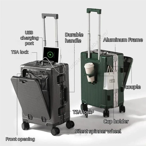Wholesale Storage <b>Trolley</b> Aluminum Frame Suitcase Front Opening Pocket with USB Charging Plug Rolling <b>Luggage</b> - Product Image 5