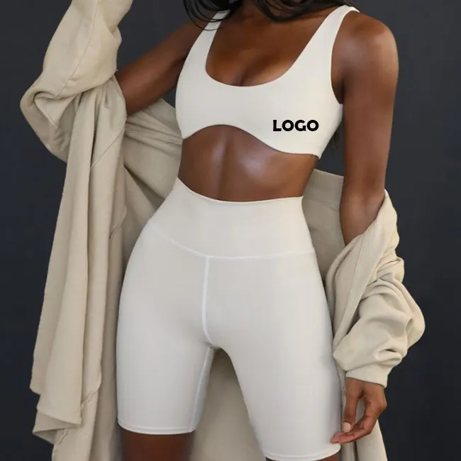2023 г., женская белая одежда для фитнеса и спортзала с логотипом на заказ, тренировочный костюм, спортивный бюстгальтер и шорты, комплект для йоги