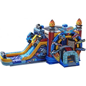 Château gonflable commercial pour enfants, combo <span class=keywords><strong>garage</strong></span>, humide et sec, avec toboggan et thème voiture de course - Product Image 1