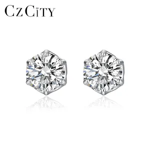 CZCITY银几何圆形耳环纯银钻石热卖新款莫桑石耳环925冰镇螺柱