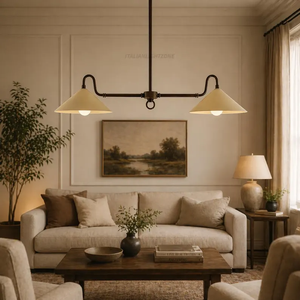 Lustre suspendu linéaire de luxe de style moderne du milieu du siècle, finition laiton antique, double disque, style italien minimaliste, 2 lumières - Product Image 5