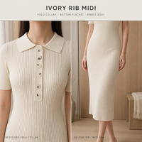 Robe polo côtelée sur mesure OEM pour femme, manches courtes, boutonnée sur le devant, robe moulante mi-longue, coupe ajustée, vêtements en tricot pour le bureau